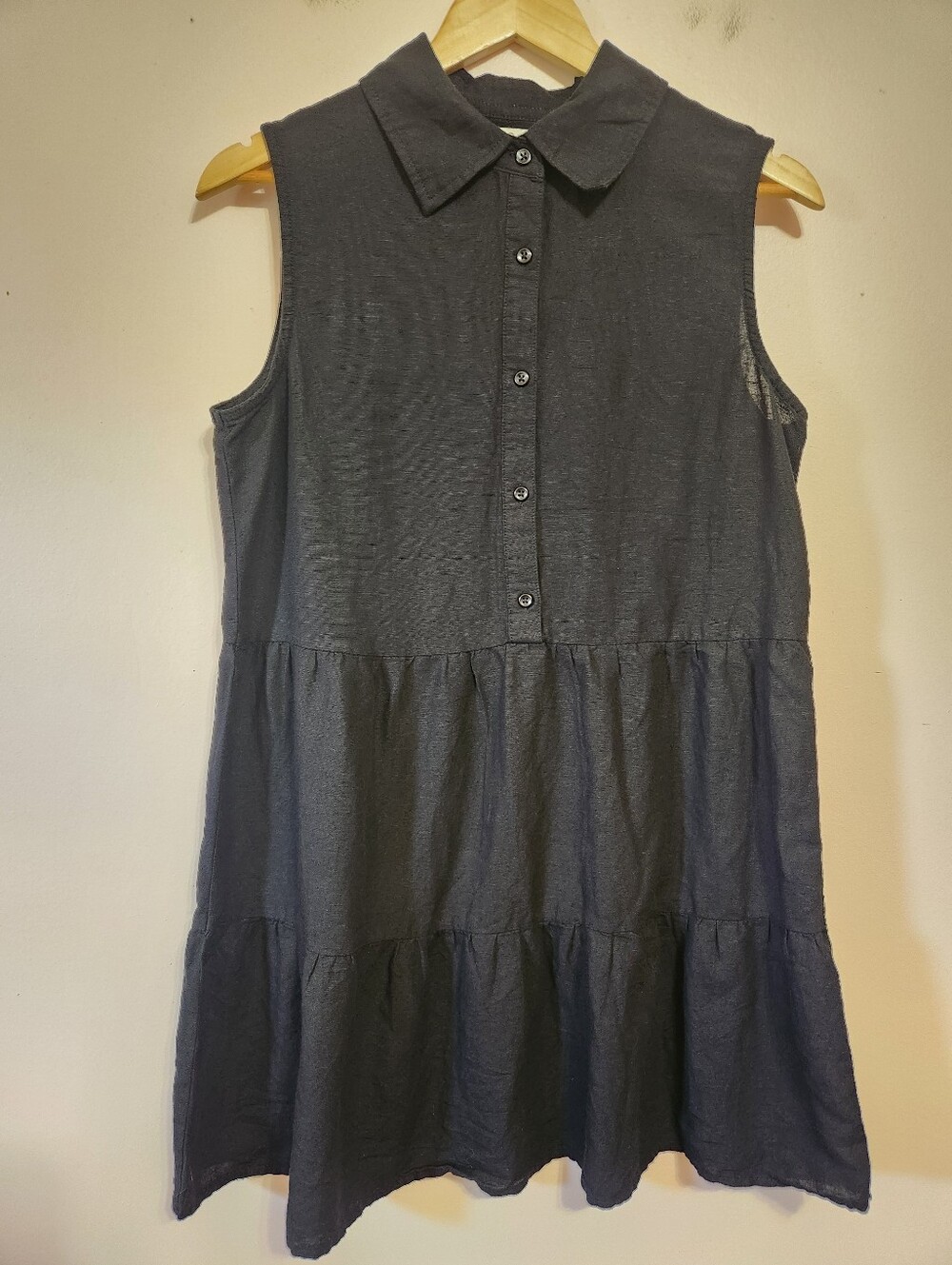 Japna Black Linen Blend Tiered Sleeveless Collared Mini Shirt Dress Minimalist